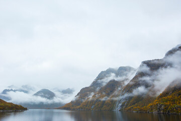 Fototapeta na wymiar Autumn landscape and beach in Lofoten Islands, Northern Norway