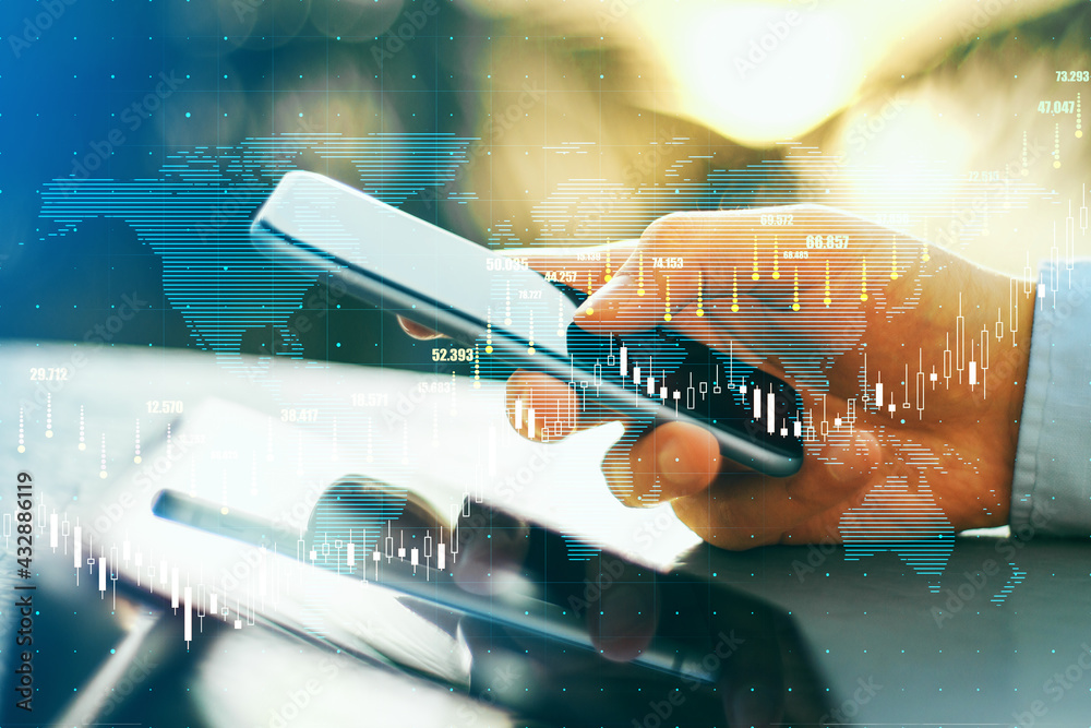 Aufkleber tracking business transactions man by smartphone and digital tablet and virtual screen with glowing 