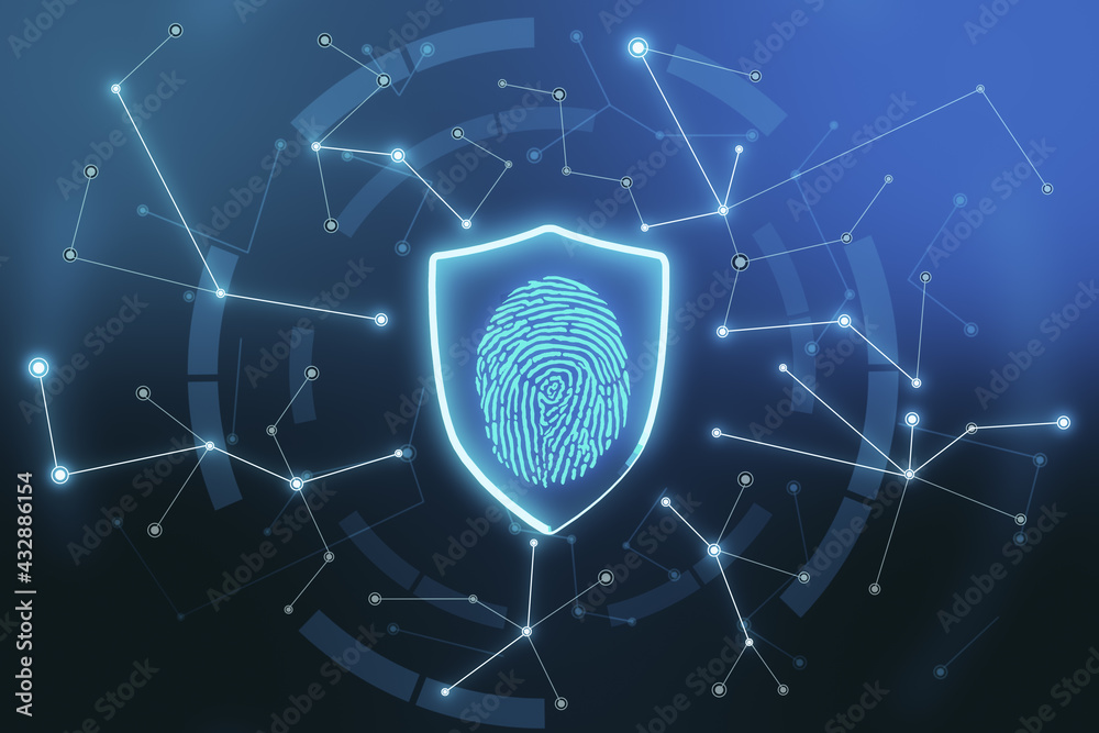 Poster Digital security concept with glowing fingerprint in shield and abstract lines on dark technological background.