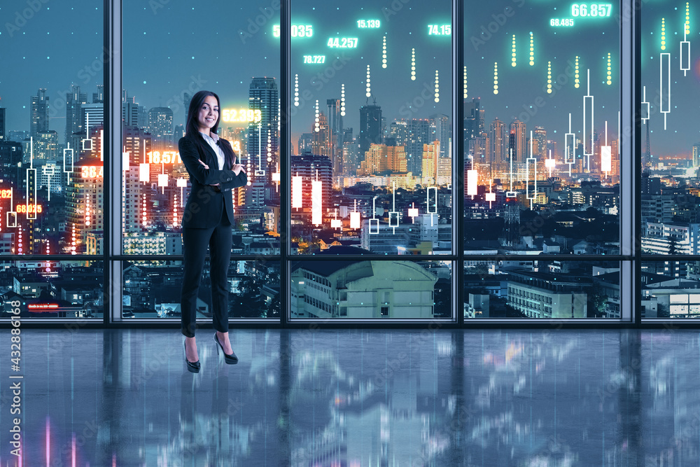 Poster real estate investing concept with confident trader woman in front of huge window with night city vi