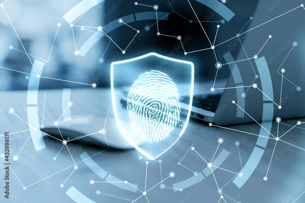 Poster Personal data security concept with digital fingerprint in shield and chaotically located lines with dots on abstract background with laptop and computer mouse. Double exposure.