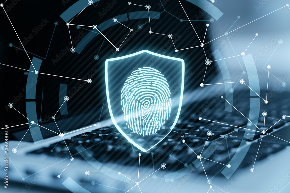 Poster biometrical security concept with glowing digital fingerprint in shield on laptop keyboard backgroun