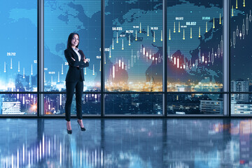World business stock market concept with confident businesswoman near glass wall in empty hall and digital screen with rising financial chart graphs and world map. Double exposure.