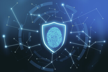 Digital security concept with glowing fingerprint in shield and abstract lines on dark technological background.