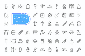 Camping outline icon set. Hike, tourism, fishing, hitchhiking, climbing, picnic signs. Vector illustration for web design, logo, promotion, advertising. Summer tourism concept.