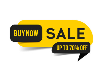 Sale minimal banner, trendy discount tag for print or web site design, black and yellow buy now sticker with shadows on a white background. Vector element, eps10