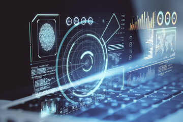 Big data concept with laptop and virtual screen with stats indicators, graphs, geo location and finger print. Double exposure.
