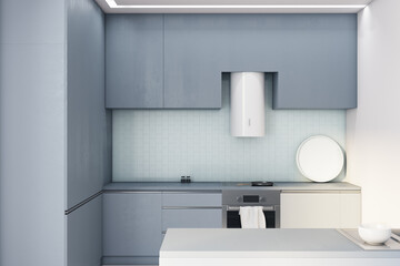 Fototapeta na wymiar Bright kitchen interior with blue shelves and empty desk, Interior design concept, 3d rendering