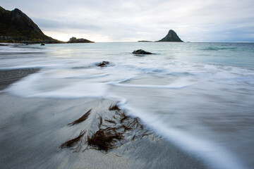 Autumn landscape and beach in Lofoten Islands, Northern Norway