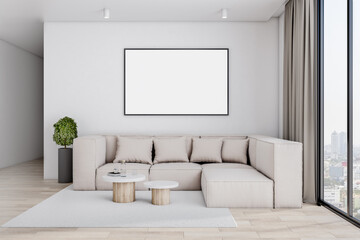 Blank white poster on the center of light wall in stylish living room with big beige sofa, cashmere carpet on wooden floor and city view from big window. 3D rendering, mock up