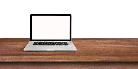 Top view of Open laptop blank screen or notebook isolated on wooden table in white background. of free space for your copy, view from top.