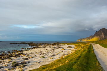 Autumn landscape and beach in Lofoten Islands, Northern Norway