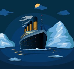 Titanic cruise ship sail in sea iceberg in night scene illustration in cartoon vector - obrazy, fototapety, plakaty