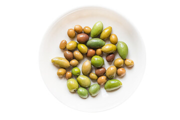 olive fruit fresh olives pitted in plate on the table veggie varieties vegan vegetarian food snack trend meal copy space food background rustic top view 