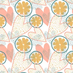 Fotobehang Vector seamless pattern with hearts and orange slice in  Scandinavian style for fabrics, paper, textile, gift wrap isolated on white background © olgahalizeva