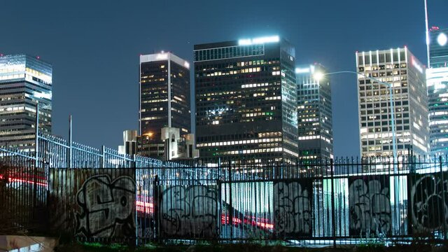 Los Angeles Downtown Skyscrapers and Graffiti Beaudry View Night Time Lapse California USA