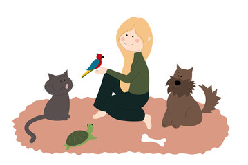 Girl sitting on the carpet with her pets and holding a parrot on her hand. © Iuliia Savko