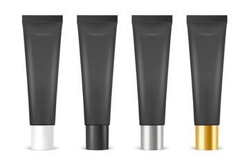 Vector 3d Realistic Plastic, Metal Black Lip Balm, Lipstick, Cream Tube, Packing Set Isolated on White Background. Design Template of Toothpaste, Cosmetics, Cream, Tooth Paste for Mockup. Front View