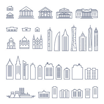 city buildings line icon set - various types of government buildings and skyscrapers simple linear pictogram on white background. Vector illustration.