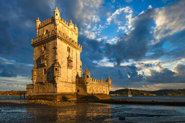 Belem Tower is a fortified tower on the Tagus river at sunset. Lisbon. Portugal. UNESCO World...