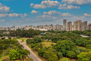 Fototapeta na wymiar Foto aerea de São Paulo, muitas arvores e a megalopole ao fundo