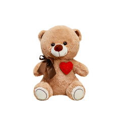 Teddy bear with a heart made of soft fabric, copy-space, close up, isolate on white