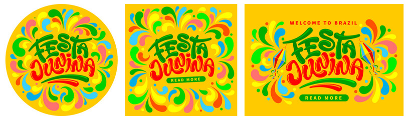 Festa Junina cards or banners templates set for Brazilian traditional festival with lettering calligraphy Festa Junina. Decorated with paper lanterns and colorful ornament. Vector illustration. 