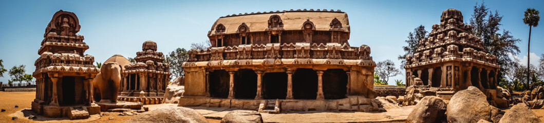 Panoramic view of Five Rathas are UNESCO's World Heritage Site located at Great South Indian architecture, Tamil Nadu, Mamallapuram, or Mahabalipuram - obrazy, fototapety, plakaty