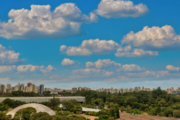 Fototapeta na wymiar Foto aerea de São Paulo, muitas arvores e a megalopole ao fundo