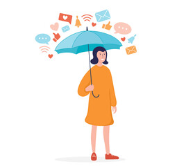 Vector illustration social networks and informational detox. Concept: Woman stay under umbrella from information notifications.