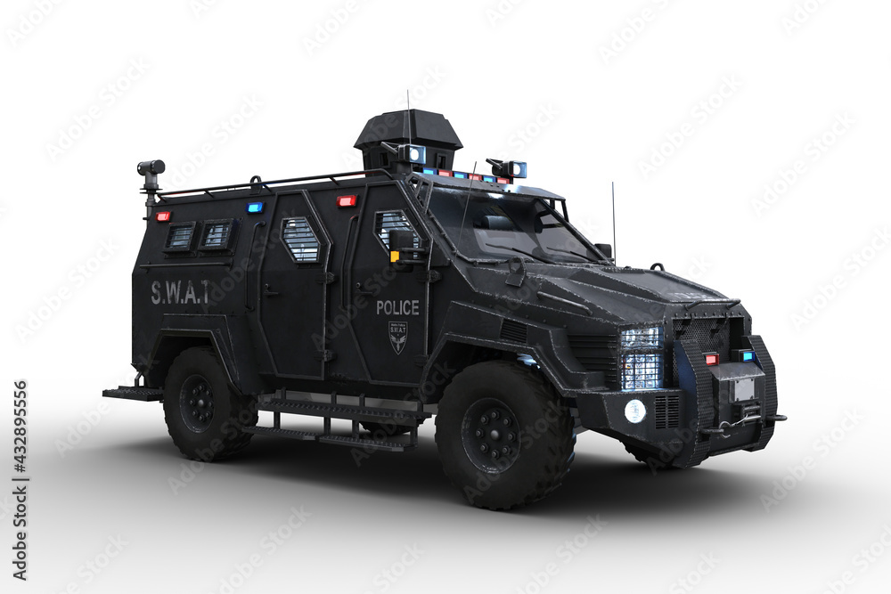 Poster 3d rendering of an armoured police swat vehicle with lights on isolated on white.