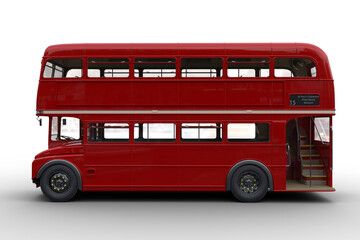 Obraz na płótnie Canvas Side view 3D rendering of a vintage red double decker London bus isolated on white.
