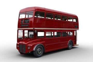 Fototapeta na wymiar 3D rendering of a vintage red double decker London bus isolated on white.