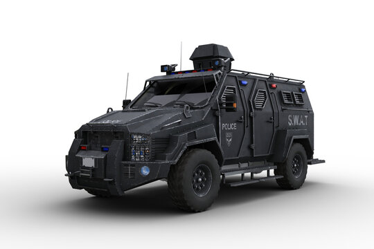3D rendering of an armoured police SWAT vehicle isolated on white.