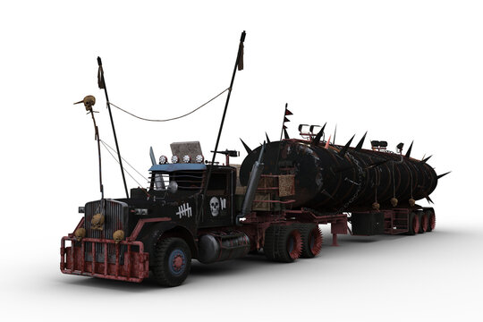 3D Rendering Of A Huge Post Apocalyptic Articulated Truck Isolated On White.