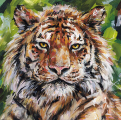 Bengal tiger muzzle close-up. Acrylic painting card for design and print. Animal hand draw contemporary artwork. Square surreal stylized postcard.