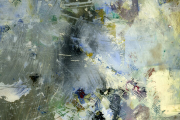 Abstract colorful painting palette. Bright abstract painting similar to a child's drawing traces of paint and blotches scratched surface. Macro oil thick paint vintage art wallpaper.