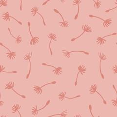 Vector dandelion seeds flying all over print. Random placed floral vector doodle all over print on reddish brown background.