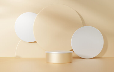 Gold podium color 3D background with geometric shapes circle, pedestal on one floors Curved wall the platform for product presentation, studio room, copy space, rendering