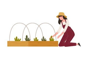 Fotobehang Woman Farmer in Straw Hat Cultivating Soil on Garden Bed Pulling Weeds Vector Illustration © topvectors