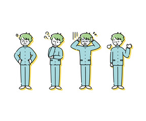 学ラン（冬服）を着た男子学生の感情表現イラスト（全身）