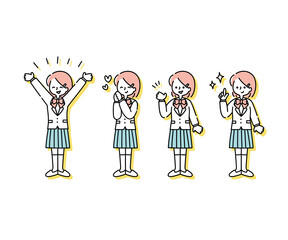 ブレザー（冬服）を着た女子学生の感情表現イラスト（全身）
