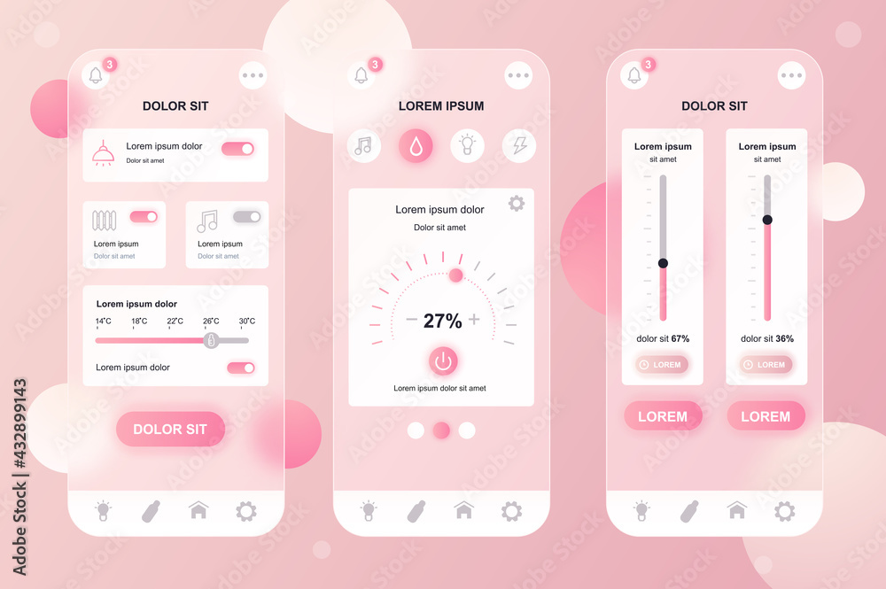 Poster smart home neumorphic elements kit for mobile app. settings for light sensors, heating, temperature,