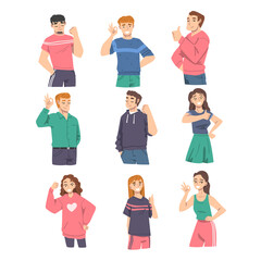Smiling People Characters Showing Approving Gestures Like Fist Pump and Thumb Up Vector Illustration Set