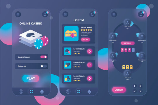 Online casino neumorphic elements kit for mobile app. Playing poker at table, winning money jackpot, gambling industry. UI, UX, GUI screens set. Vector illustration of templates in glassmorphic design