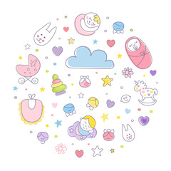 Cute Baby Care Template with Circle Arrangement Vector Illustration