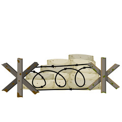 Obraz premium Military barricade of sandbags. Fortified firing point. Defense construction. Modern warfare. The wall of the bag. Outpost and barrier. Protective anti-tank obstacle.