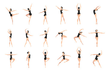 Young Barefoot Ballet Dancer in Bodysuit Practicing Movement Vector Set
