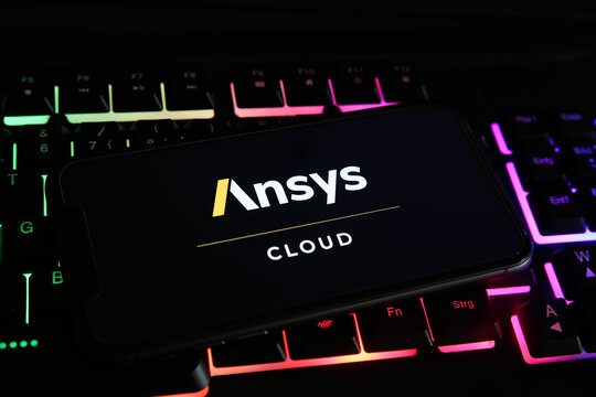 Viersen, Germany - May 1. 2021: Closeup of mobile phone screen with logo lettering of software developer ansys on computer keyboard