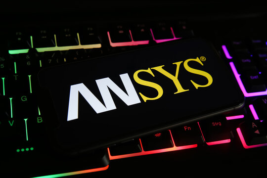Viersen, Germany - May 1. 2021: Closeup of mobile phone screen with logo lettering of software developer ansys on computer keyboard